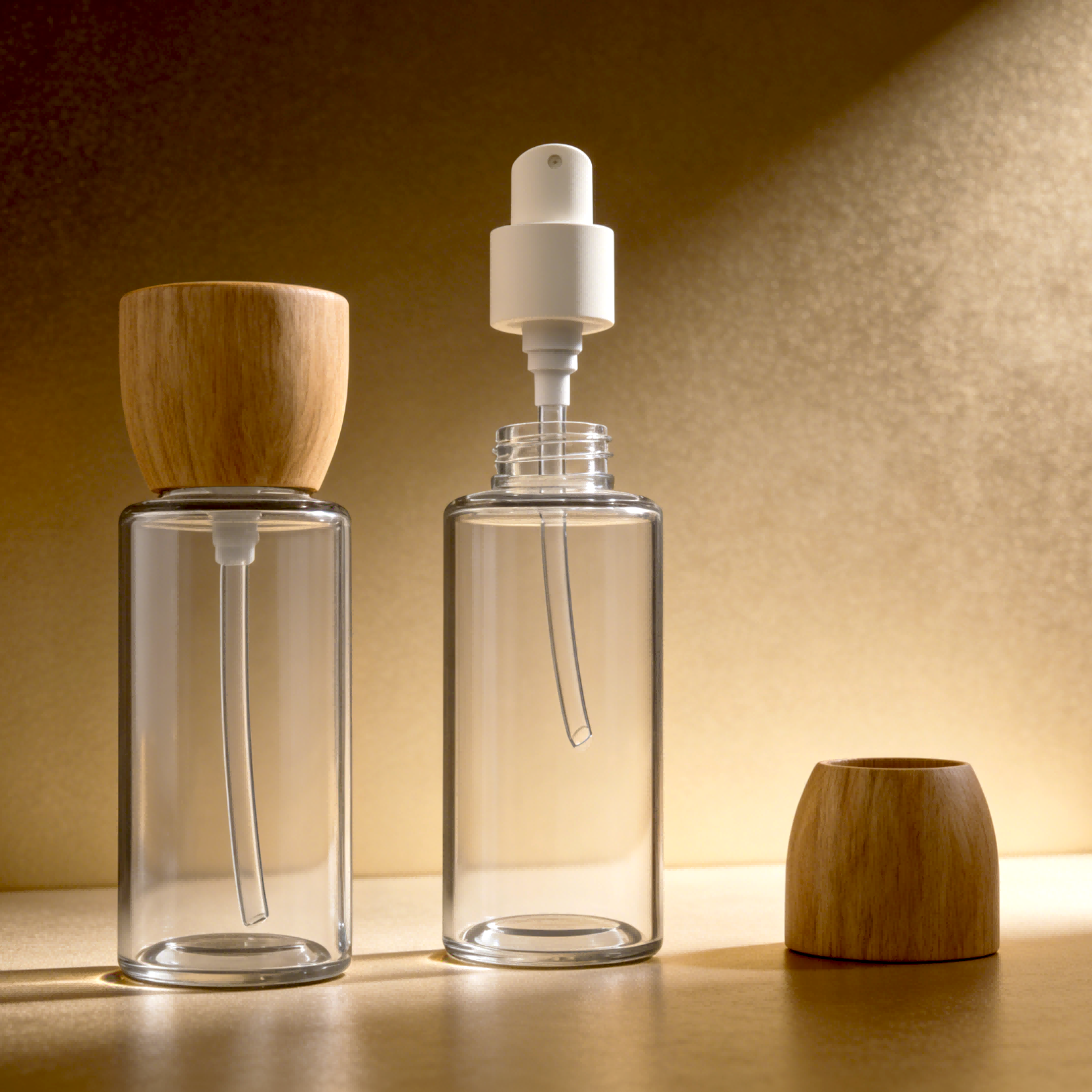 Straight cylinder empty refillable spray bottle with detachable natural dome wooden cap, skincare travel mist container